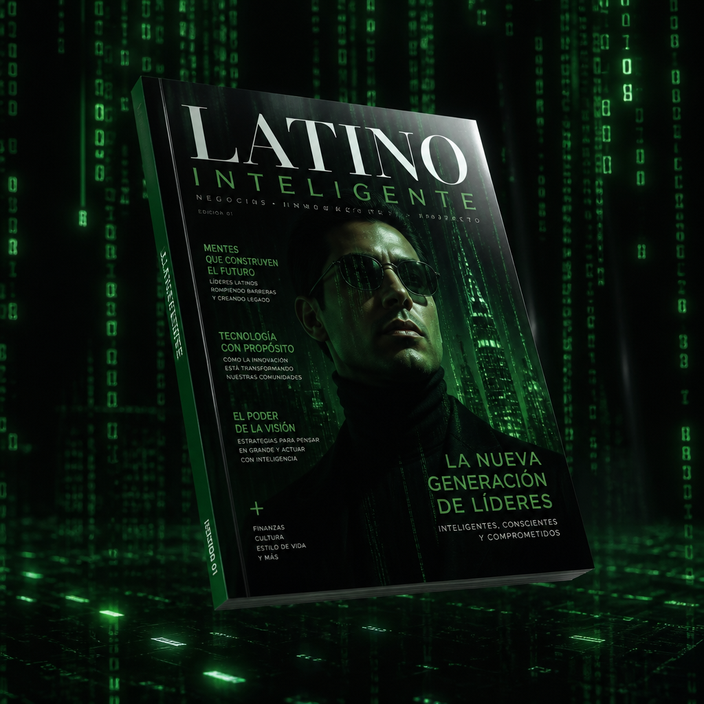 Portada de la revista LATINO INTELIGENTE con estética Matrix