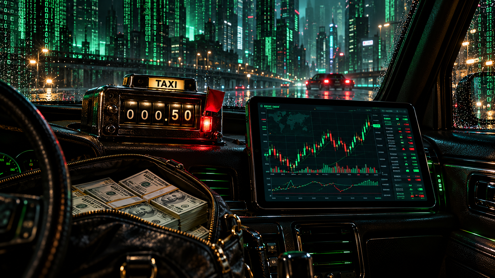Taxímetro Matrix junto a una pantalla de trading de Forex en la ciudad de la Máquina