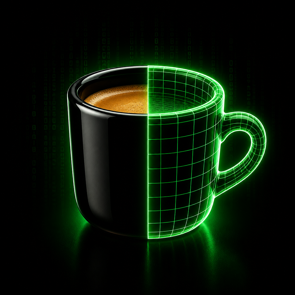 Taza cilíndrica de espresso estilo Matrix, mitad sólida y mitad wireframe