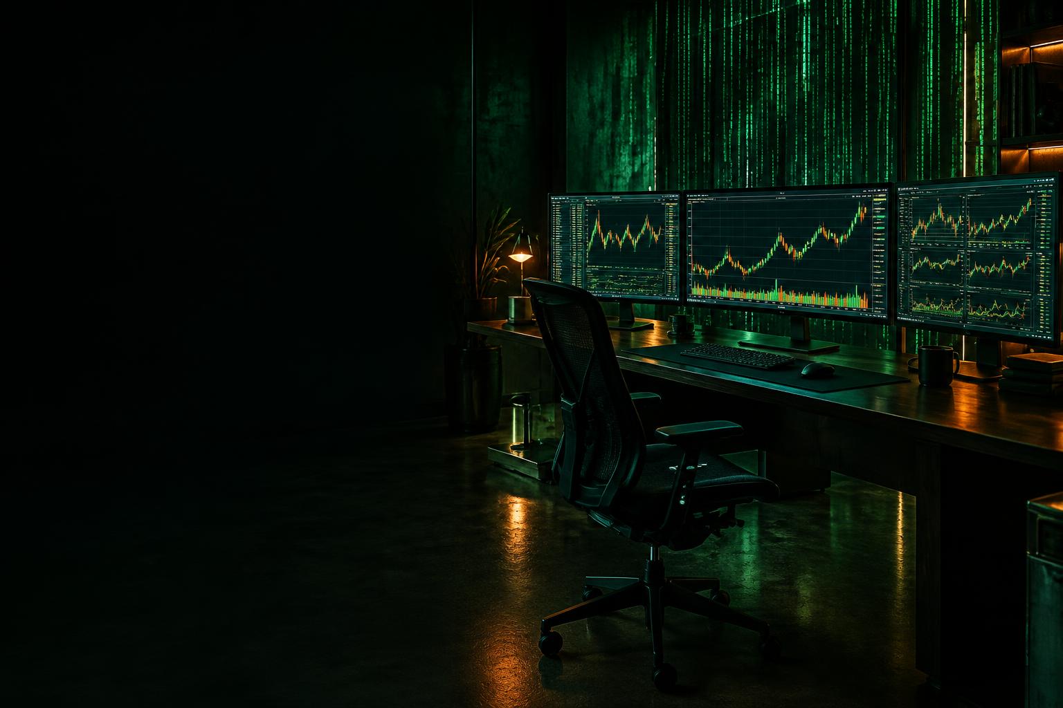 Estudio de trading con pantallas de análisis Forex y la estética Matrix de AMR University