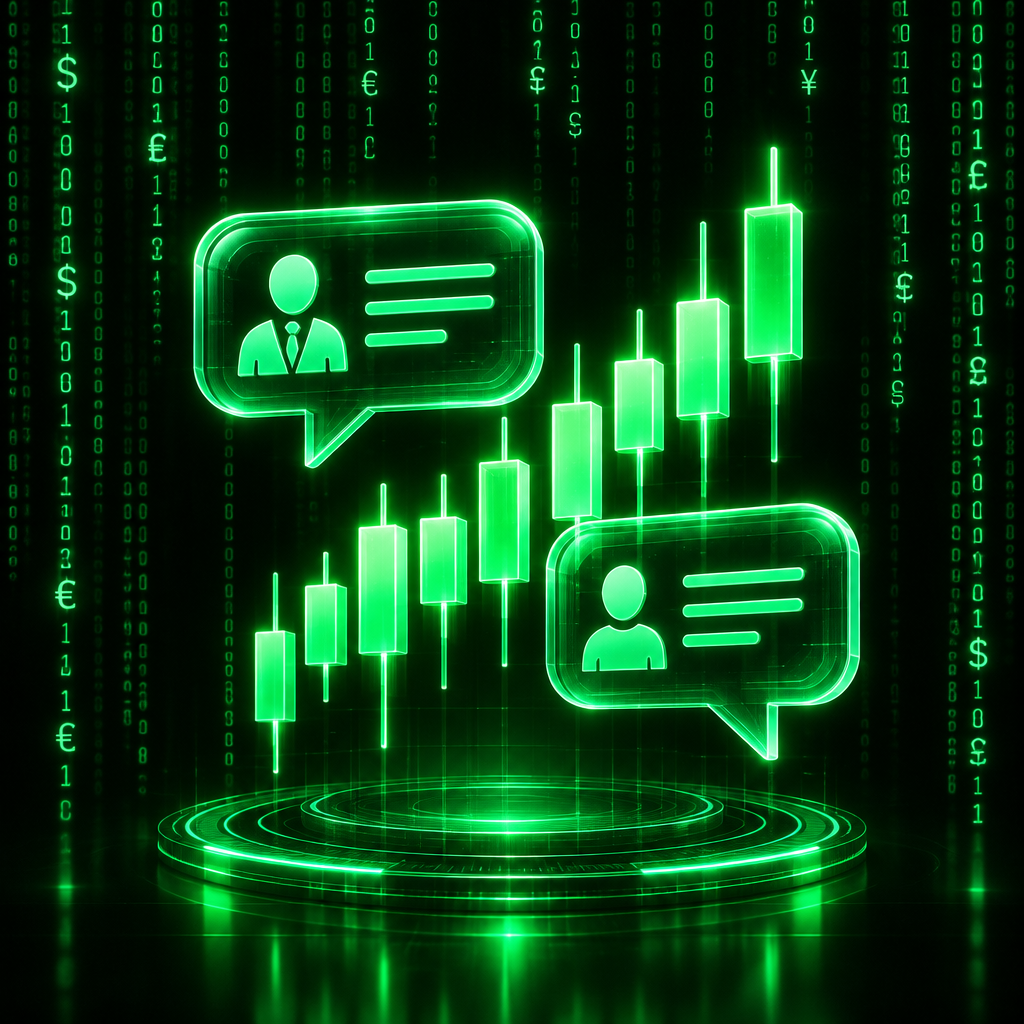 Icono de Forex Wizardry Coaching: gráfico de velas y burbujas de conversación estilo Matrix